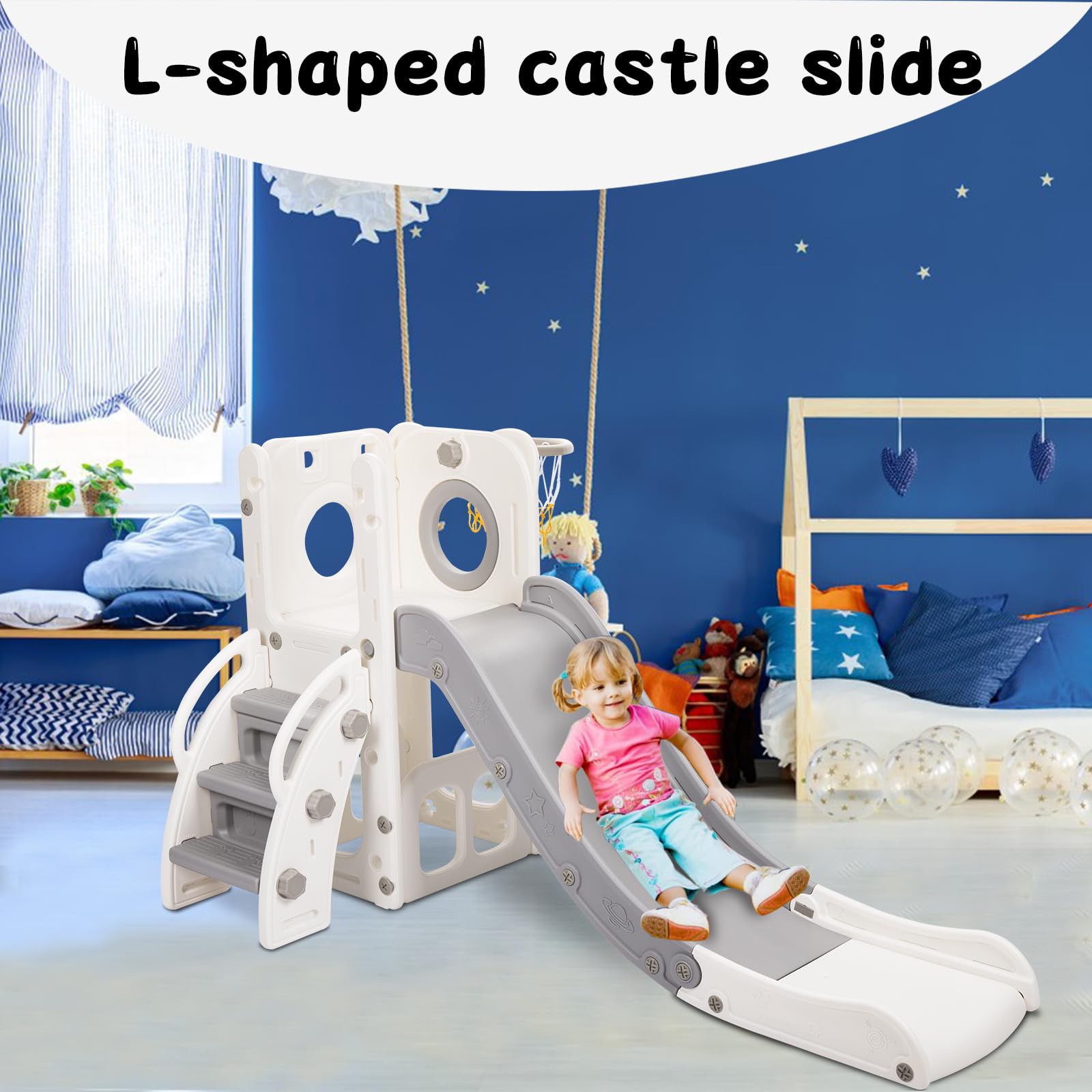 HLC Kinder-Rutsche mit Rutsche 140 cm und Basketballkorb, Kinderspielplatz-Stil, Beige, für Kinder von 1 bis 3 Jahren