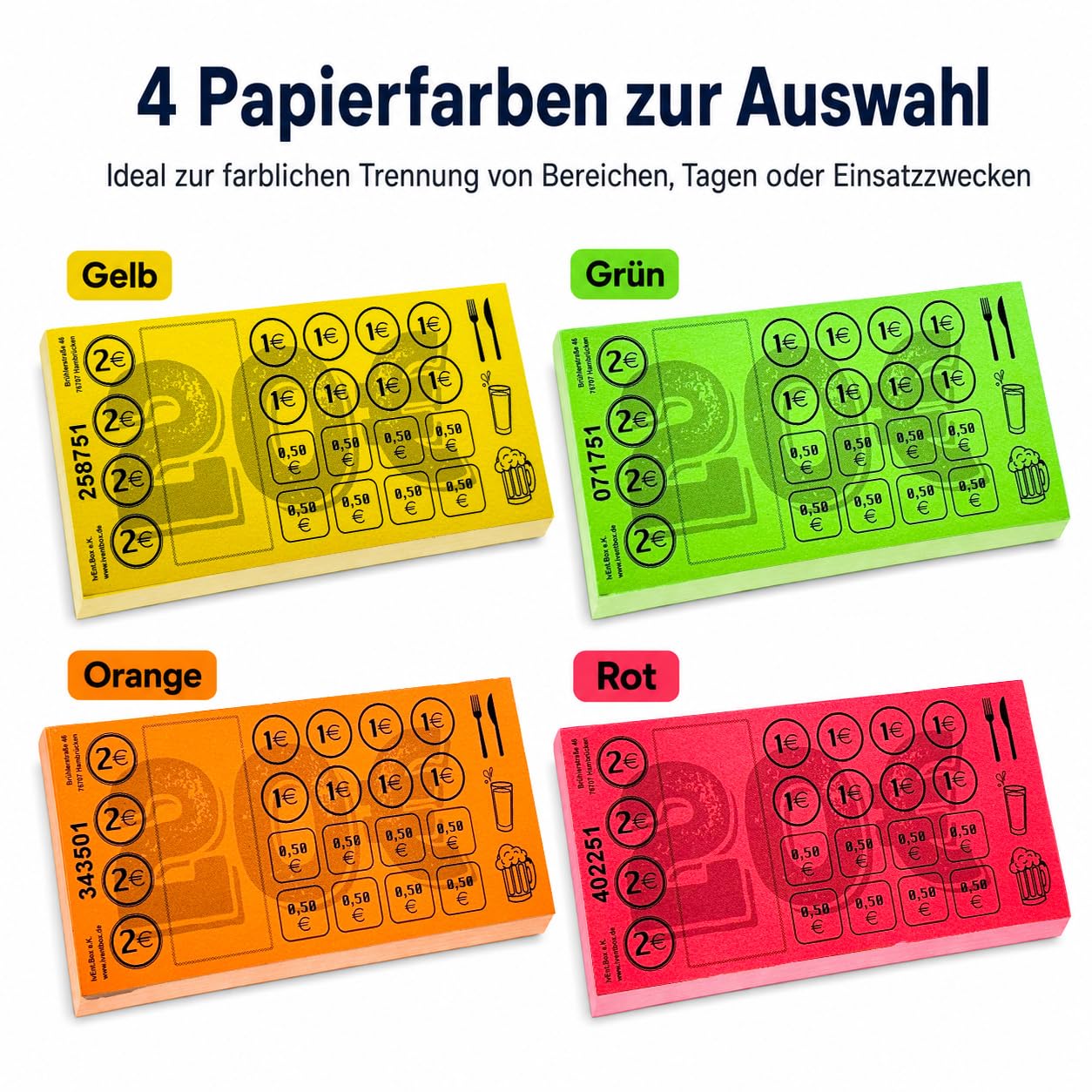 Étiquettes de valeur 20 € Cartes de consommation à effacer – 250 ou 500 feuilles, 5 ou 10 blocs de 50 feuilles, valeur totale 5 000 € ou 10 000 €, numérotés en continu, avec champ libre (jaune, 250)