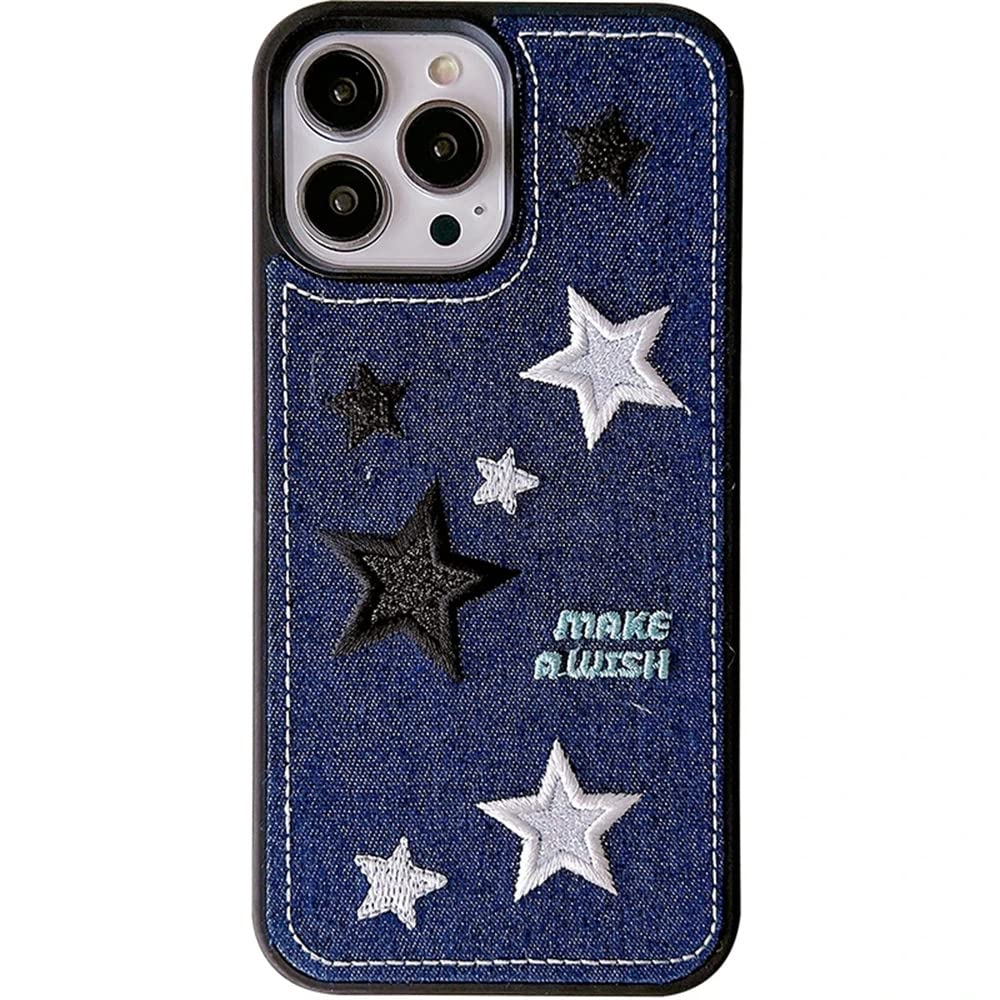 for iPhone 14 Pro Max Case Cover, Chic Aesthetic Star Denim Fabric Embroidered Case Retro Cute Warm Jeans Cloth Shockproof Soft Cover Shell for iPhone 14 Pro Max (for iPhone 14 Pro)
