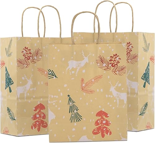 50 bolsas de regalo de Navidad con asas, 7.2 x 3.2 x 9 pulgadas, bolsas de papel kraft reciclado para recuerdos de fiesta, regalos, regalos,