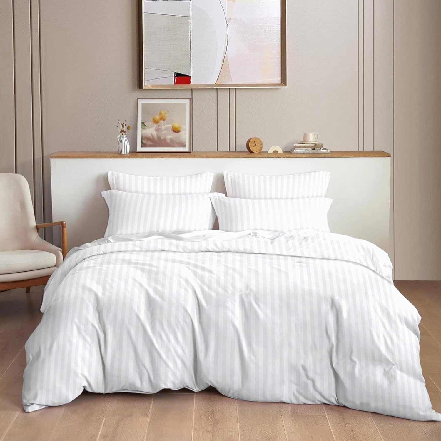 SEM B GRA 100% Cotton Duvet Cover for King Bed with Zipper (102x110 Inch)-White Stripe