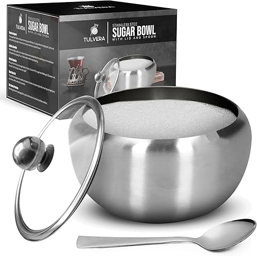 Azucarero con tapa de vidrio y cuchara  Contenedor de azúcar de 12 onzas para barra de café  Tarro de acero inoxidable para sal, té, dulces, cubo de