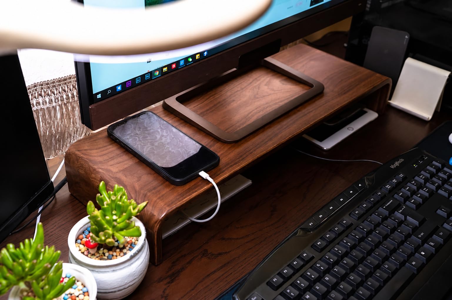 carpentray Wooden Computer Monitor Stand Riser For Desk Shelf Desktop TV Laptop Riser with Keyboard Storage Desk (Walnut Finish)
