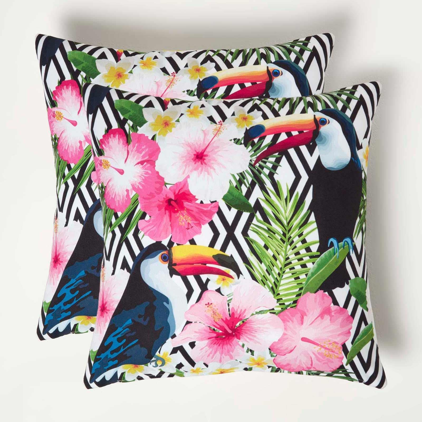Homescapes Luxury Waterproof Tropical Toucan Outdoor Cushion 45 x 45 cm, Set of 2 in Pink | Size: 45cm x 45cm