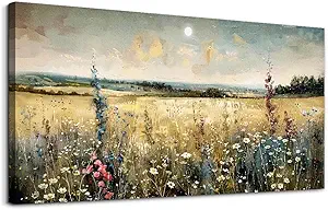 KELIYUAN Large Vintage Natural Field Landscape Painting Home Decor Farmhouse Vintage Meadow Wildflowers Modern Printed Artwork Living Room Decor Bedroom Office Can Be Hung Directly 30 X 60 Inches