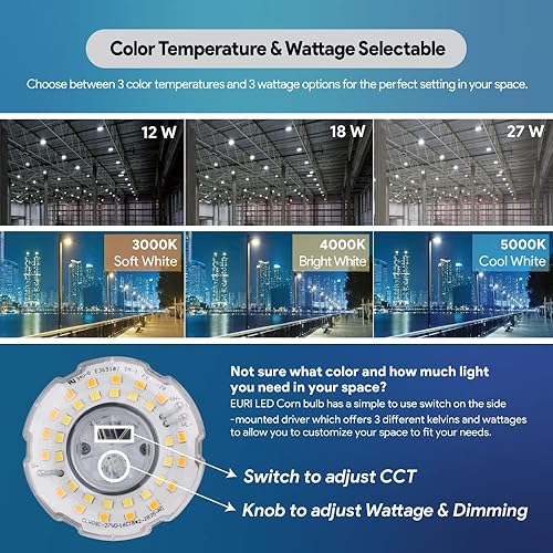 Miniatura 5 de Euri Lighting ECB27W-303sw, Bombilla LED de maíz, CCT (3K, 4K, 5K) y potencia sintonizable (27W, 18W, 12W), 135-150LM/W, 100~277VAC, atenuación
