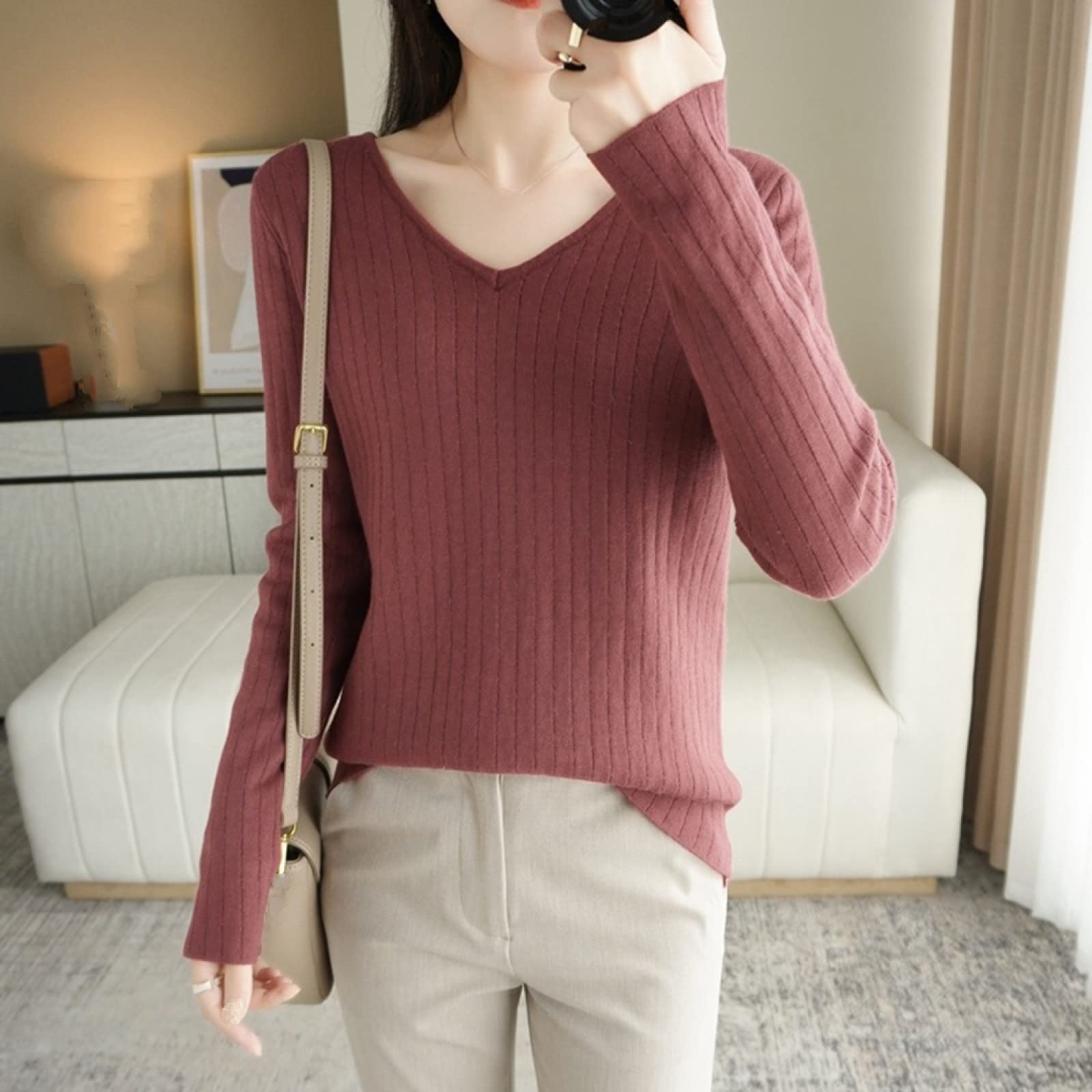 Suéter De Invierno para Mujer - Otoño/Invierno Mujer Más Suéter De Lana Gruesa Moda Suéter con Cuello En V Color Sólido De Manga Larga Forrado De Vellón Cálido Invierno Cálido Camisa De