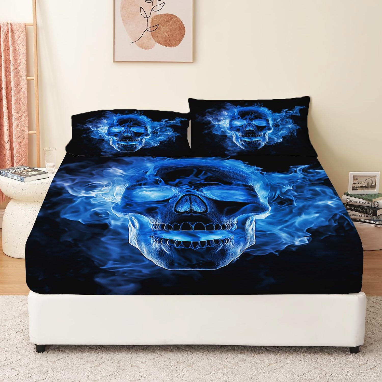 Lenzuolo con angoli Blu Lenzuolo con angoli in microfibra per 160 x 200 cmTeschio fiammeggiante in stile gotico Decorazione per la stanza in microfibra per ragazzi e ragazze
