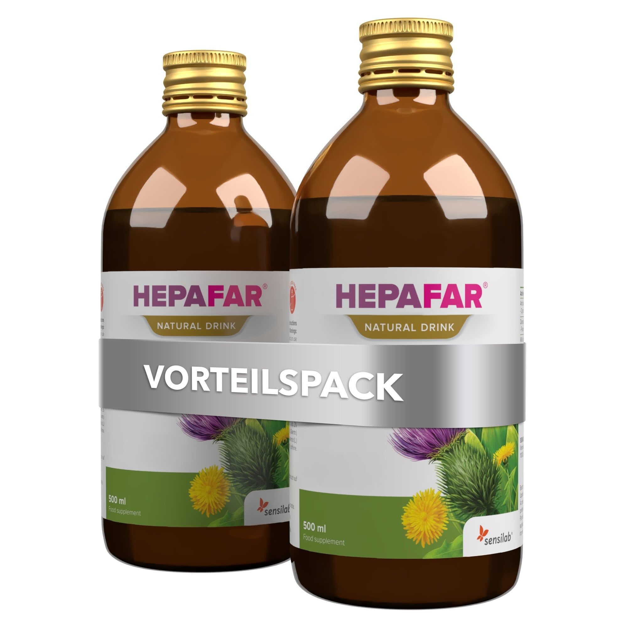 Hepafar Drink – Leber – 2x500 ml für 40 Tage – Mariendistel Tee, Lebertee – Mariendistel, Grüner Tee, Mangan, Löwenzahn & Artischocke – 80% Silymarin – Sensilab