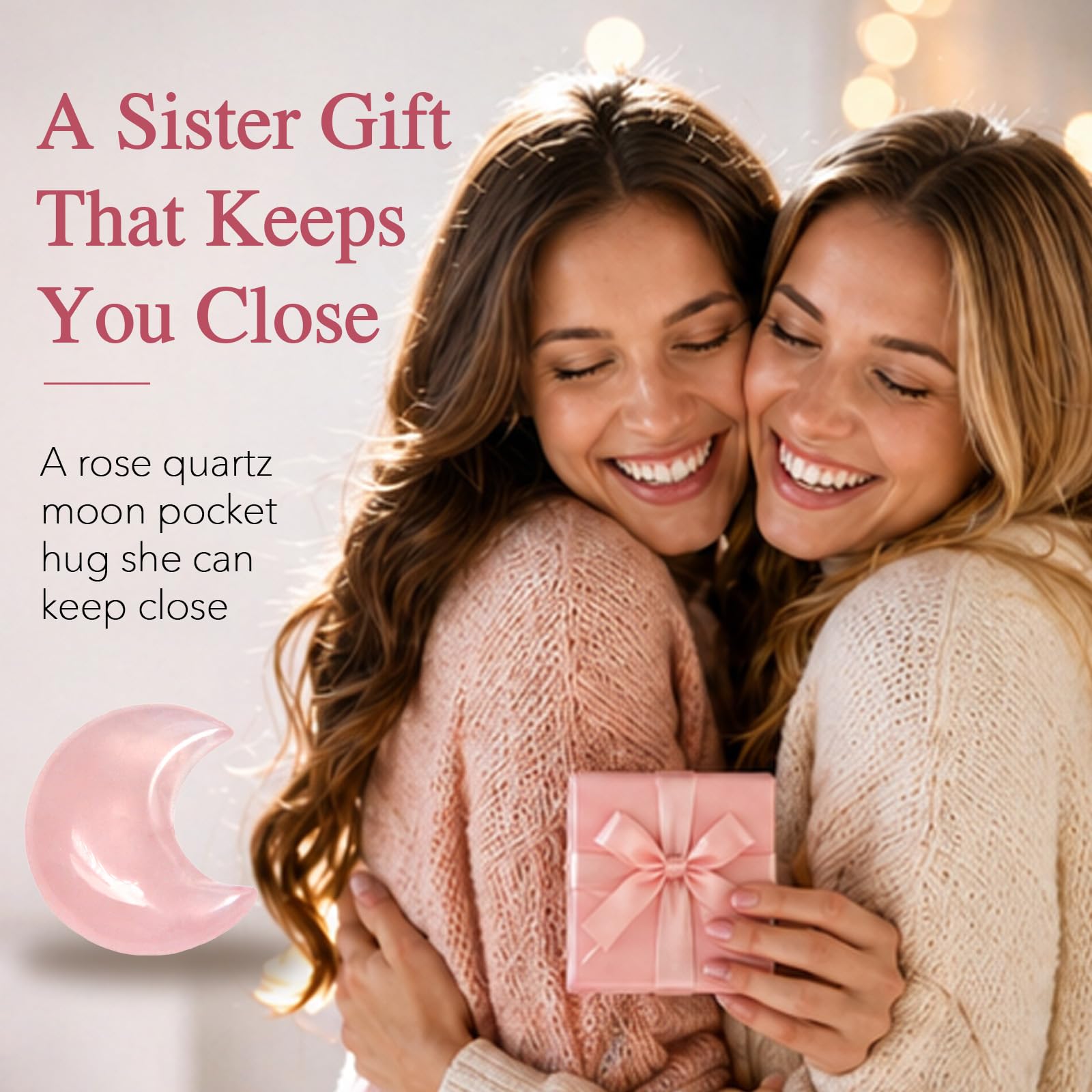Sister Gift from Sister, Rose Quartz Moon Pocket Hug Keepsake, Meaningful Birthday Gift for Sister, Long Distance Sister Gift, Emotional Love Reminder Gift for Women, Graduation