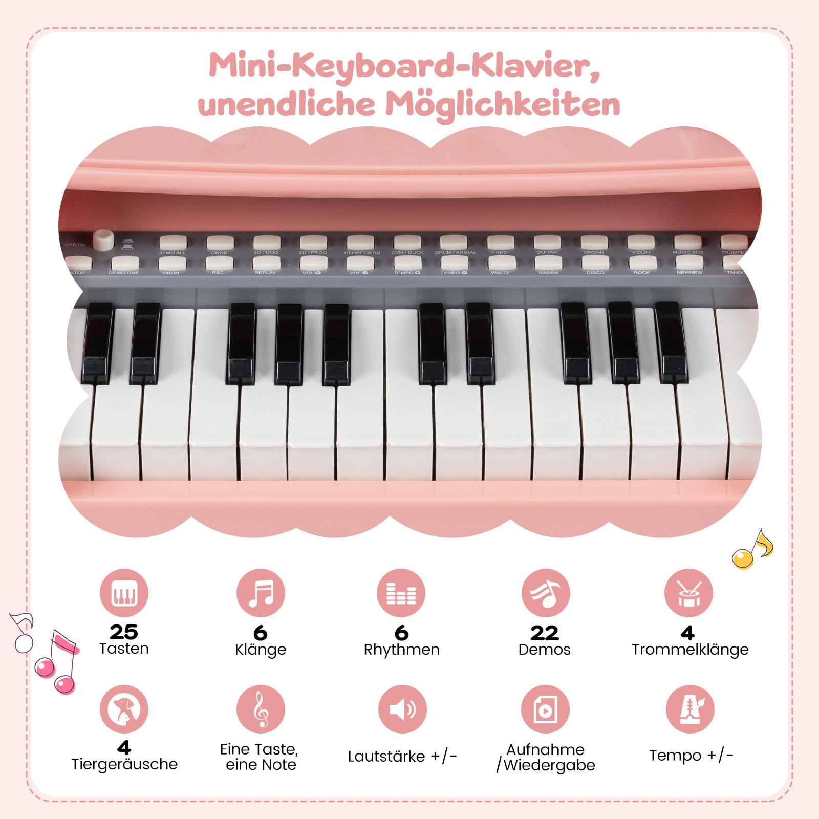 COSTWAY Klawiatura dla dzieci z 25 przyciskami, elektroniczna z taboretem, mikrofonem i stojakiem na nuty, przenośny instrument muzyczny, pianino dziecięce, klawiatura fortepianowa dla dzieci od 3 lat