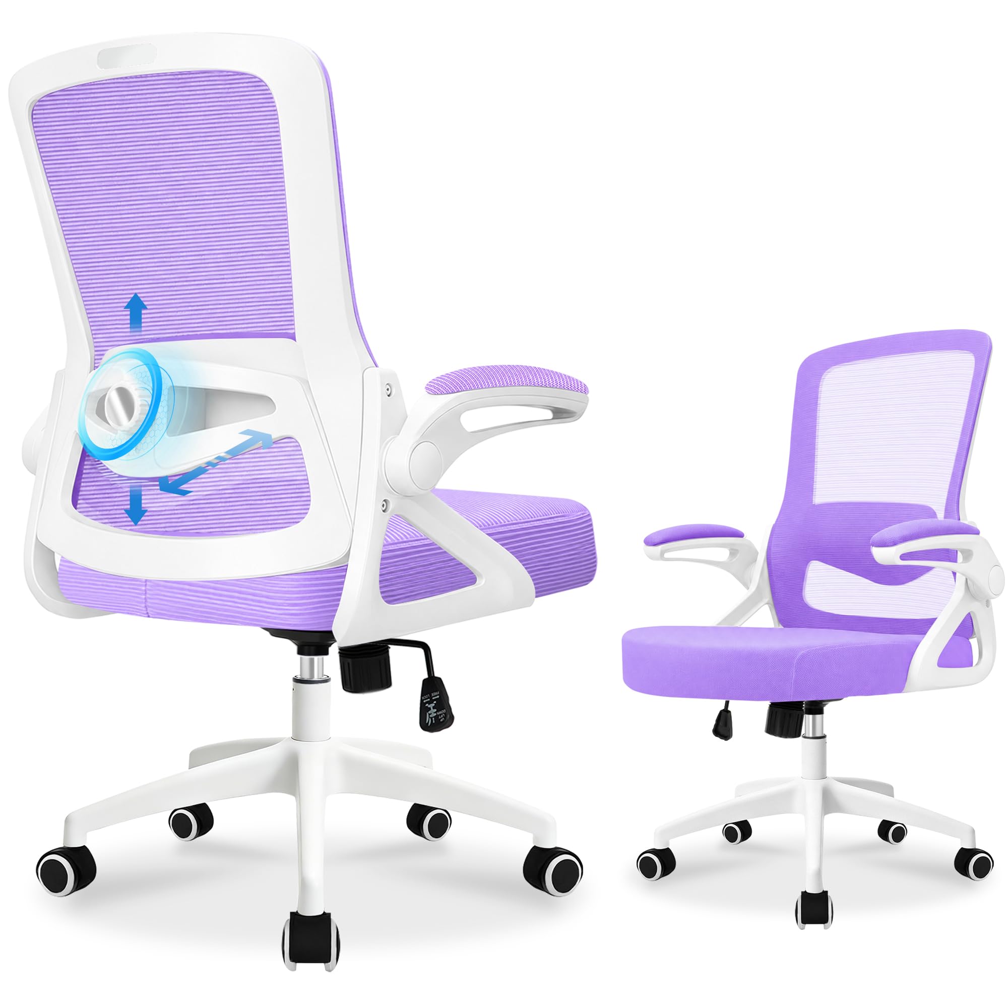 Durrafy Ergonomic Office Chair, 4D Lumbar Support Mesh Desk Chair with 90° Folding Armrests, 150kg Load Height Adjustable Computer Chair for Home Office Purple