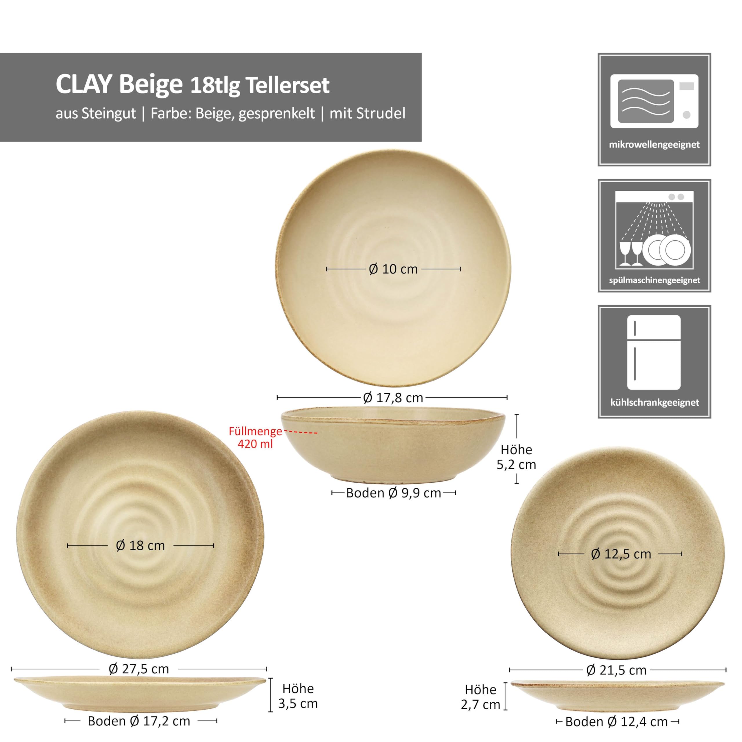 MamboCat Clay Beige 18-częściowy zestaw talerzy I naczynia z kamionki w kolorze beżowym, z dekoracją wirującą dla 6 osób, po 6 talerzy obiadowych, talerzy do zupy 420 ml i talerze do ciasta