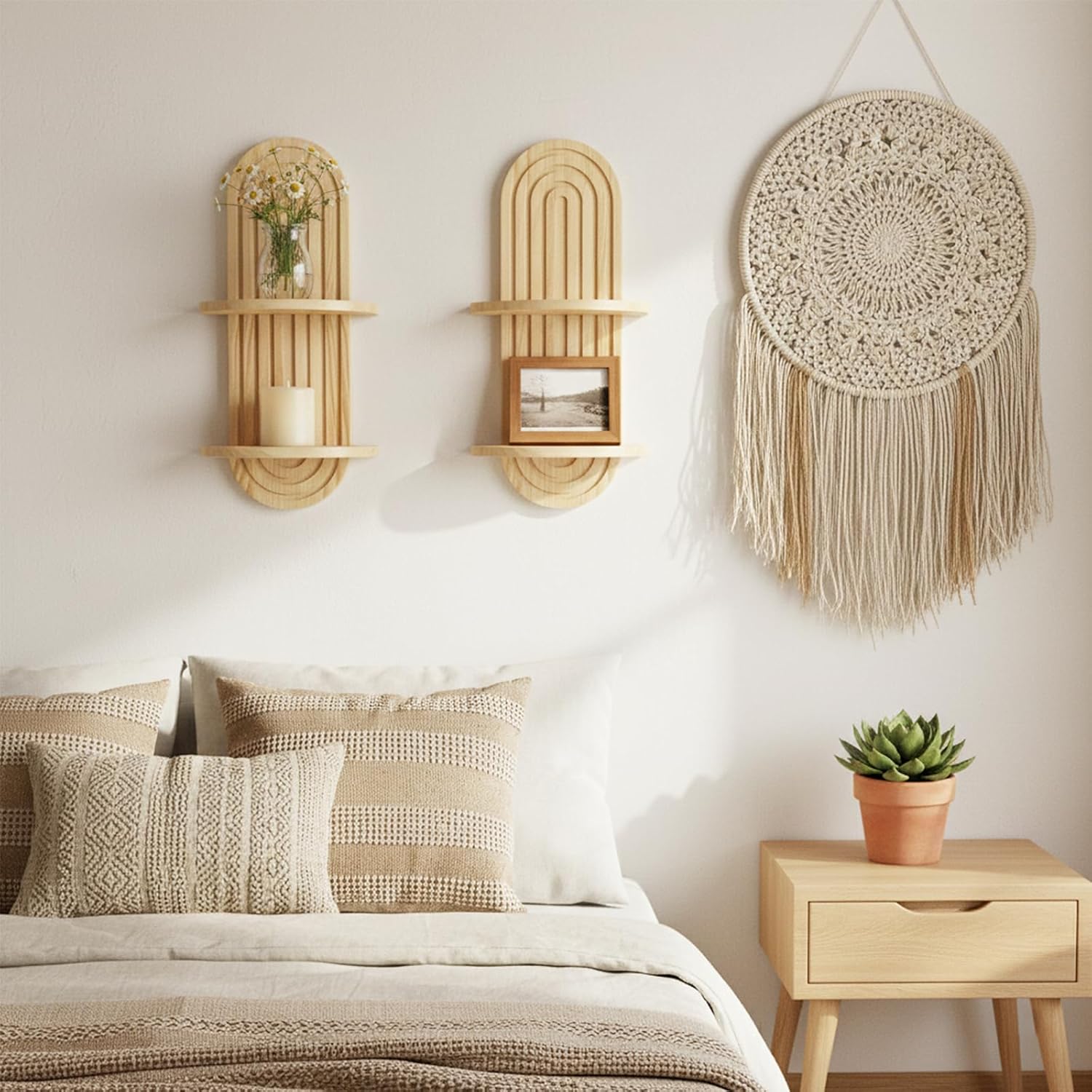 Boho Wall Shelves with Arched Wooden Design, Mid Century Modern Decor Plant Wall Shelf Set of 2, Double Floating Shelves for Home Living Room Bathroom Bedroom, 23.6 x 11.8 Inches (Natural)