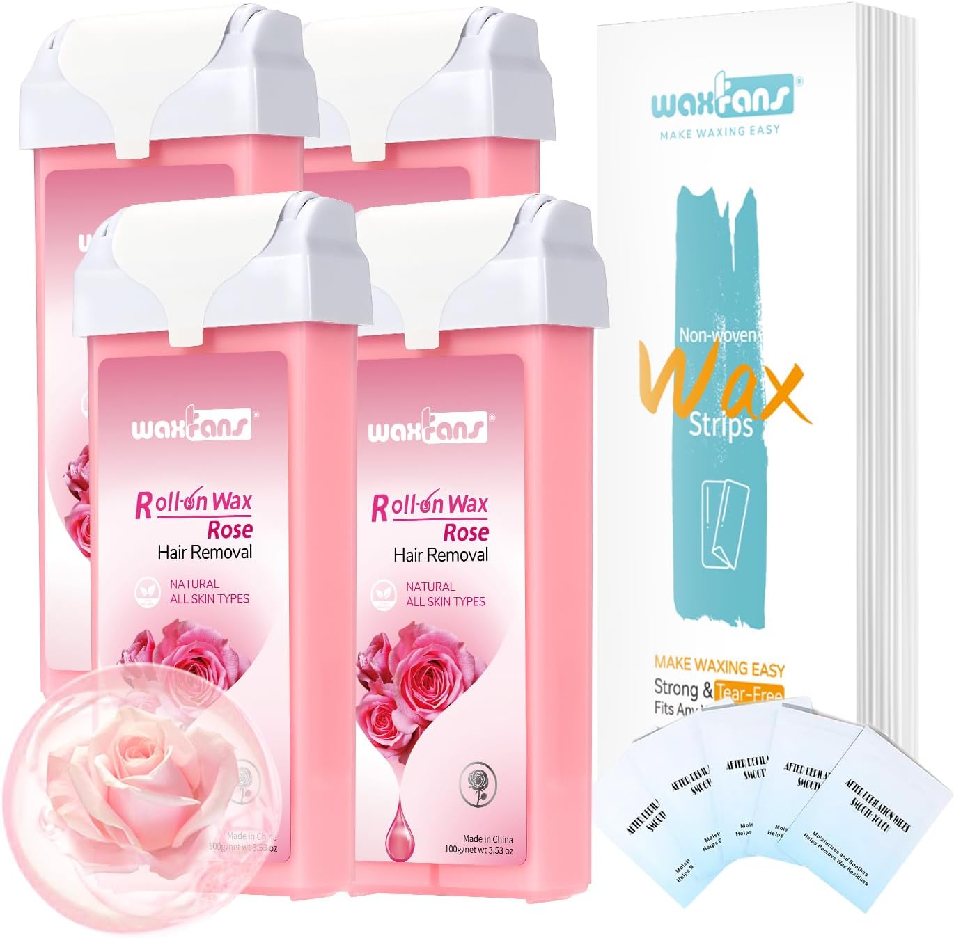 Waxfans Roll On Wax Refill,Waxing Roller Refill for Hair Removal,100% Natural,Quick Melting - For Coarse and Fine Hairs.with 3.53 Ounce(Pack of 4) Honey Wax Rollers, 50 Strips (Pink)