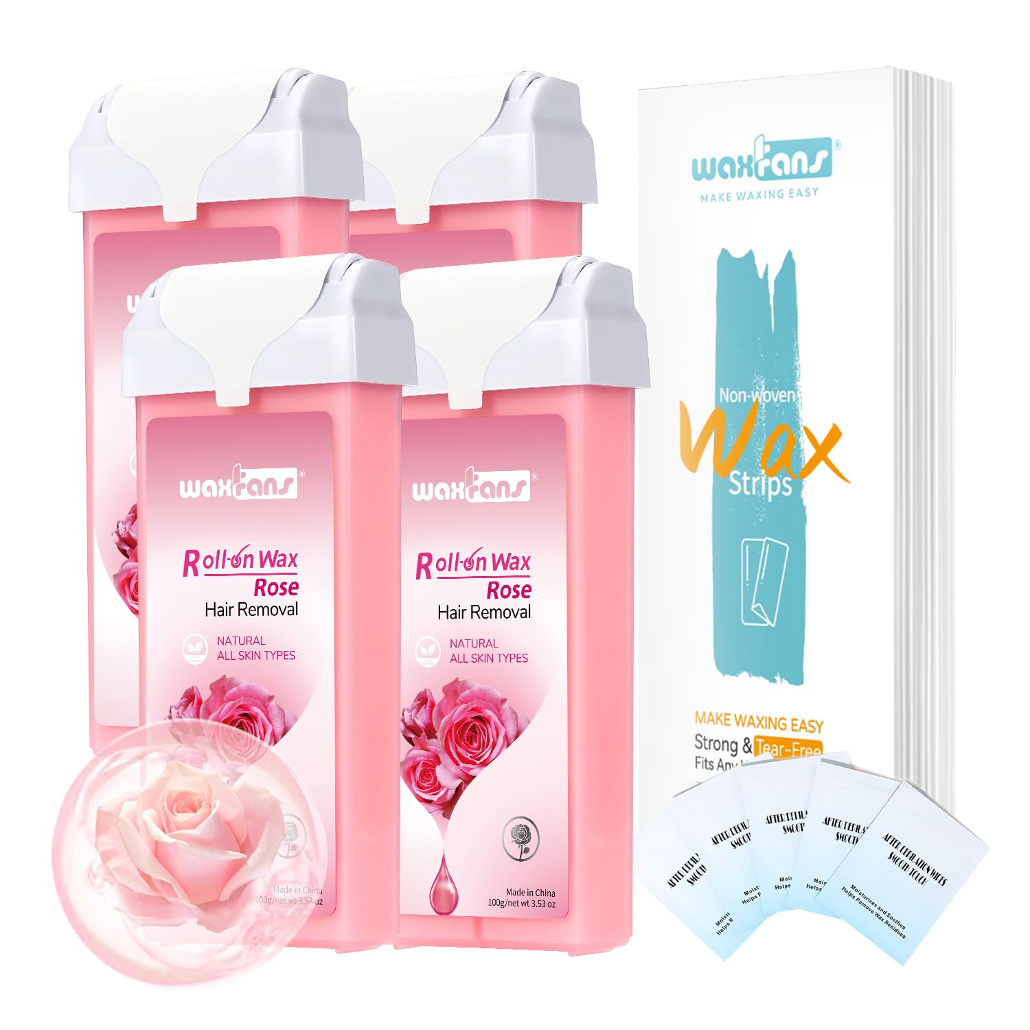 Waxfans Roll On Wax Refill,Waxing Roller Refill for Hair Removal,100% Natural,Quick Melting - For Coarse and Fine Hairs.with 3.53 Ounce(Pack of 4) Honey Wax Rollers, 50 Strips (Pink)