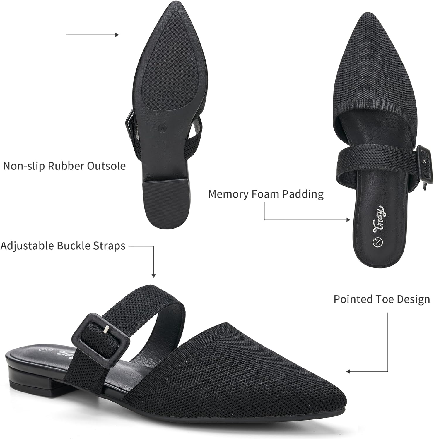 Trary Mules for Women Closed Pointed Toe Knit Womens Flats Adjustable Backless Strap Slip On Dressy Casual Slides Spring Shoes Comfortable Breathable Fashion Summer Work Business Travel Loafers