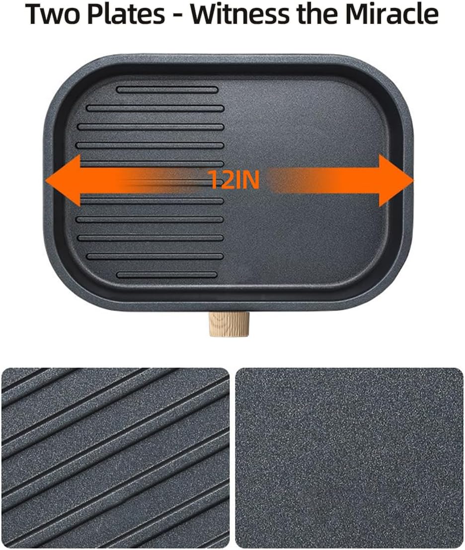 AORAN 600W Dual-Zone Electric Skillet - 12x8 Inch Nonstick Griddle Pan with Flat & Ribbed Grill Sections, Fast Heating, Smoke-Free Design, Includes Lid/Oil Brush/Food Tongs (Stainless Steel) White