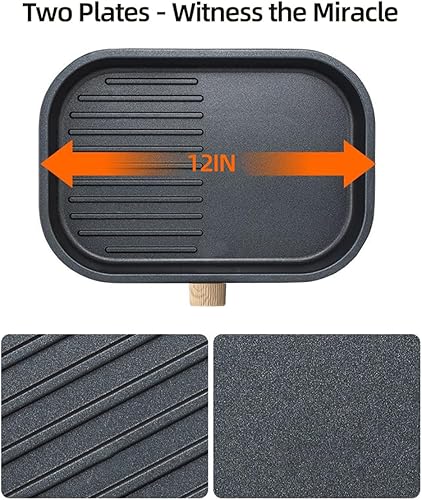 Miniatura 5 de AORAN - Sartén eléctrica de doble zona de 600 W, sartén antiadherente de 12 x 8 pulgadas con secciones de parrilla planas y acanaladas,