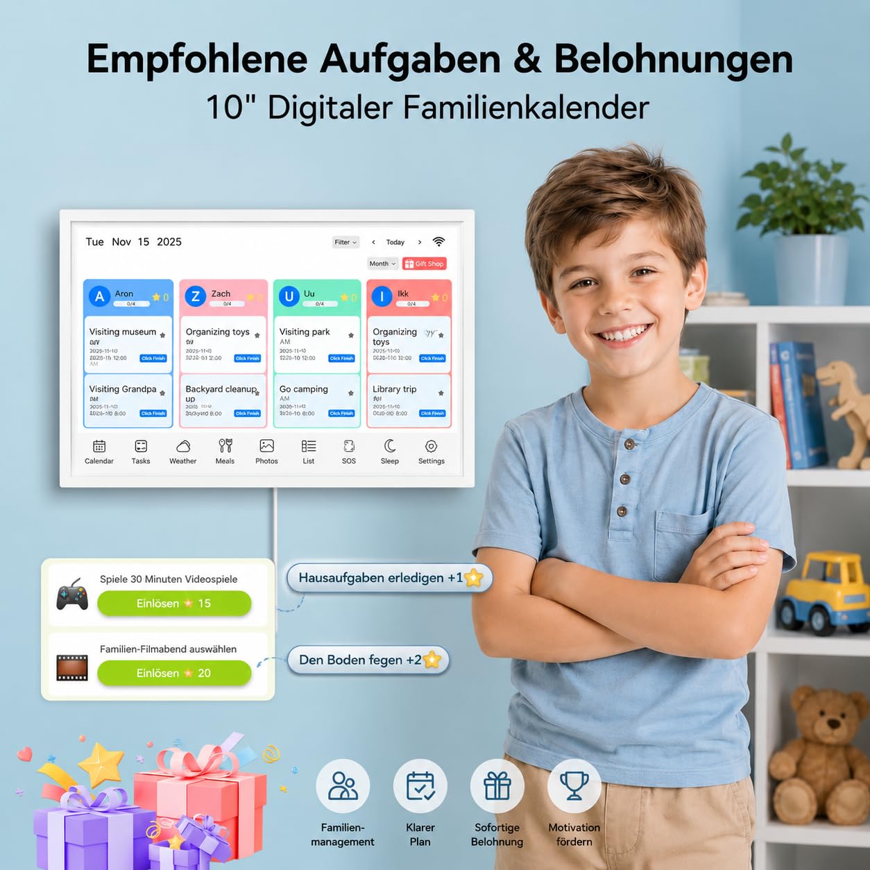 Digitaler Kalender, 10,1" Elektronischer Wandkalender, Intelligenter Digitaler Familienplaner, Belohnungen für Erreichte Ziele und Essensplaner, 1920 * 1080 Touchscreen