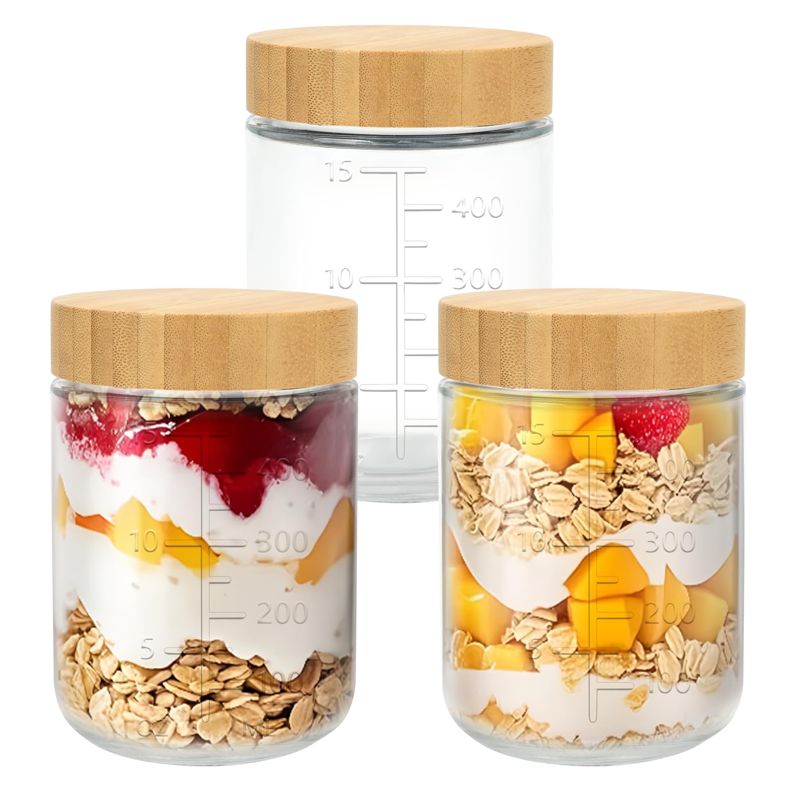 BJSSBJH 3-Pack Overnight Oats Containers with Airtight Lids, 16 OZ Wide Mouth Glass Jars with Measurement Markings, Glass Food Containers for Snack Salad Spice Sugar Food Yogurt Meal Prep (3)