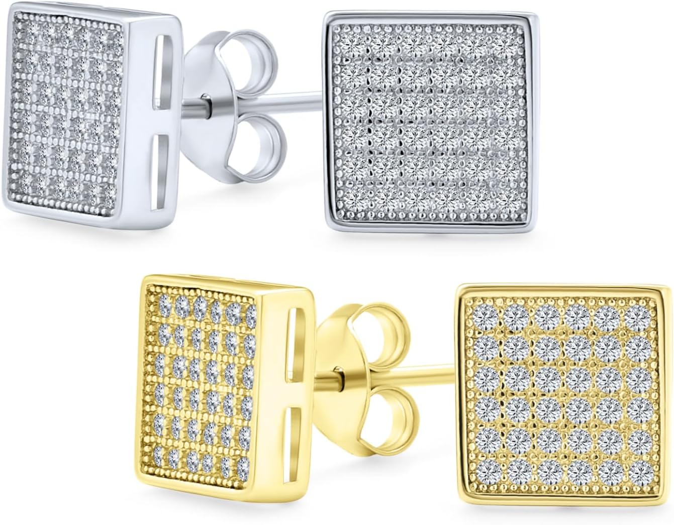 14K Gold Plated Geometric Hip Hop Square Cubic Zirconia Micro Pave CZ Stud Earrings for Men and Women .925 Sterling Silver Sizes 5 7 8 MM