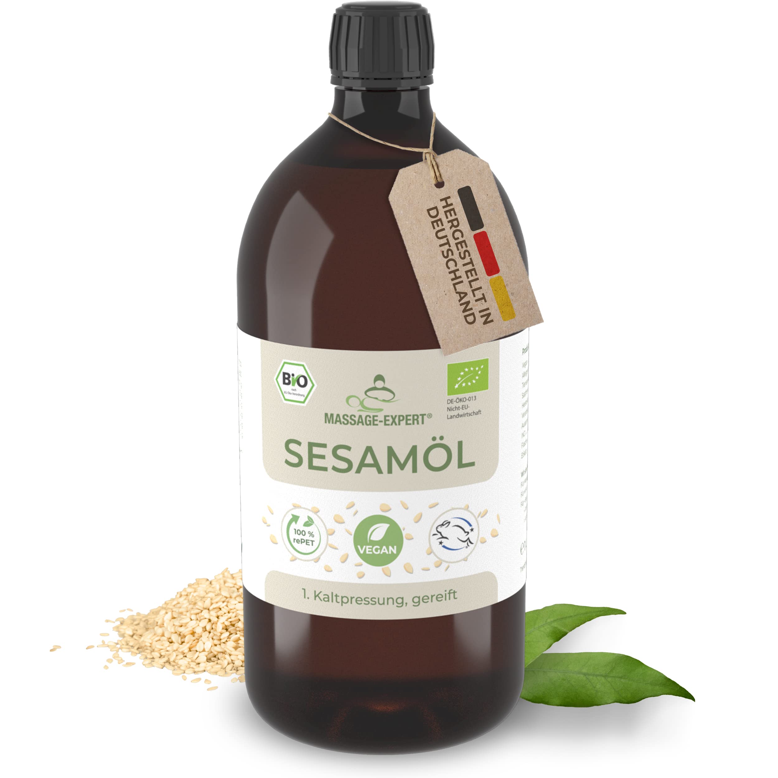 MASSAGE-EXPERT Olio di sesamo biologico spremuto a freddo, olio base stagionato per massaggi, ayurveda, cura della pelle e capelli [1 litro con tappo a spruzzo]