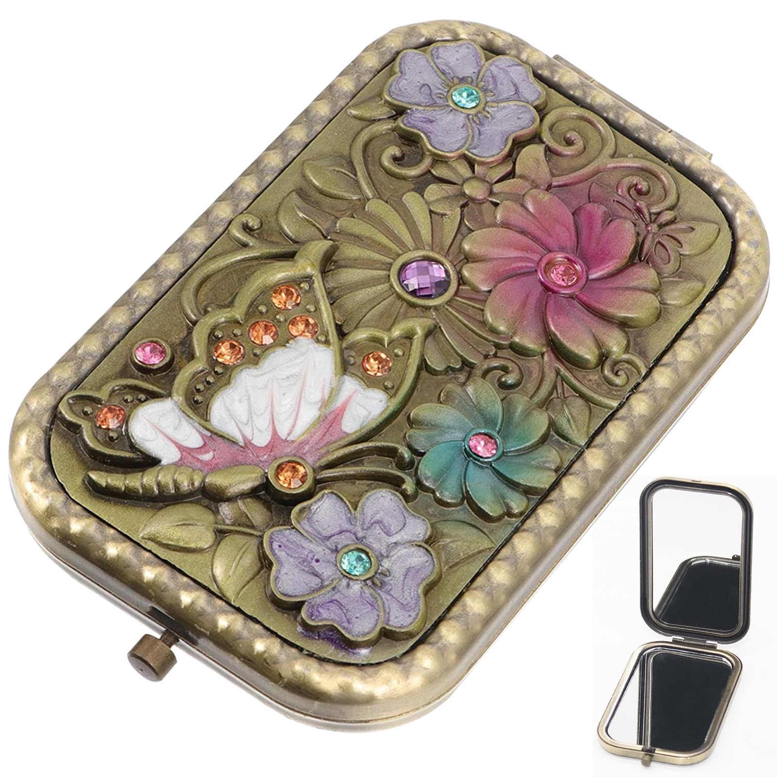 1 Pezzi Specchio Pieghevole Vintage,Specchi per Trucco Vintage Portatili con Specchio Compatto Rettangolare Color Oro,Specchio da Viaggio Piccolo e Pieghevole
