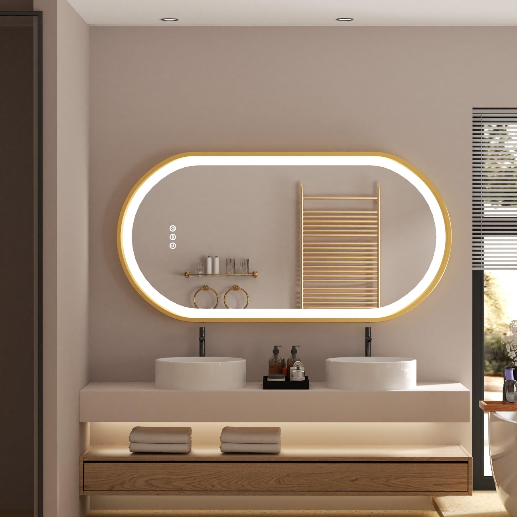 LUVODI Espejo Baño con Luz Led 120 x 60 cm Ovalado Espejo con Marco Dorado Pared Cuerpo Entero Antivaho Grande Espejo Moderno Inteligente con 3 Colores de Luz Regulable Interruptor Tactil