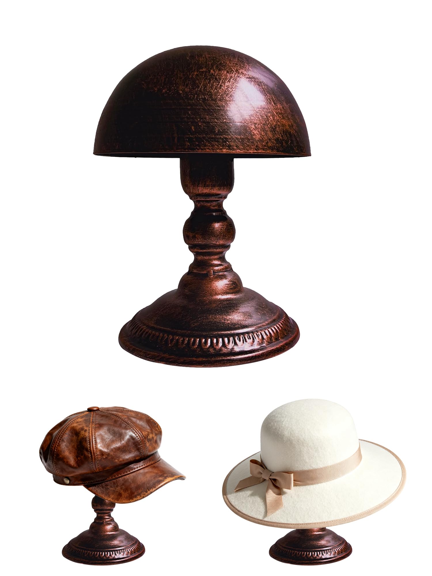 Organisateur casques et chapeaux de cowboy en métal bronze avec dôme sur pied