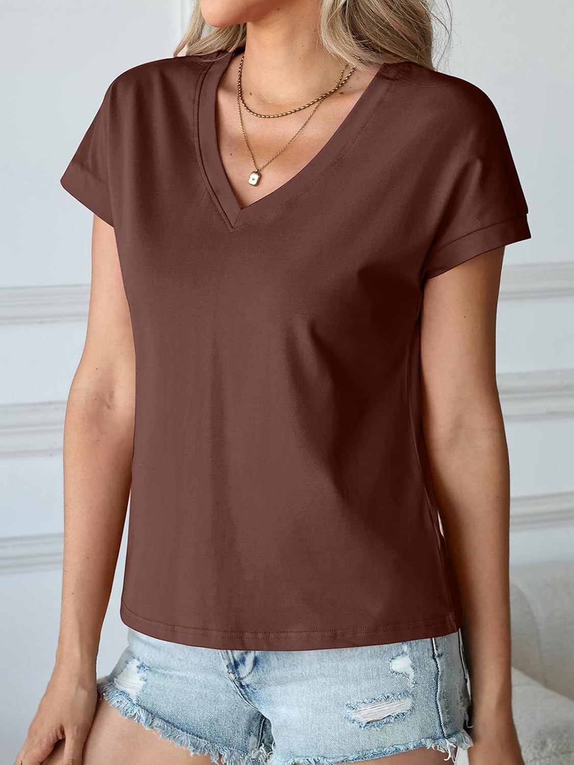 Oymyakon Women Cotton Cap Sleeve Tops Cropped V Neck T Shirts Boxy Tee Shirt Loose Fit Short Sleeves Casual Summer Blouse - Image 4