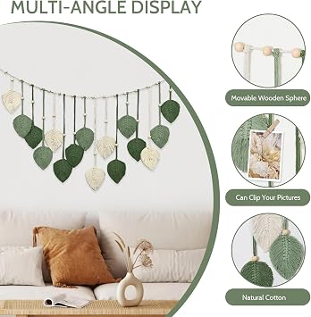 TourKing Macrame Leaf Wall Hanging, Boho Wall Art Decor with Wooden Beads, Green and Beige Woven Leaves for Living Room, Bedroom, Apartment