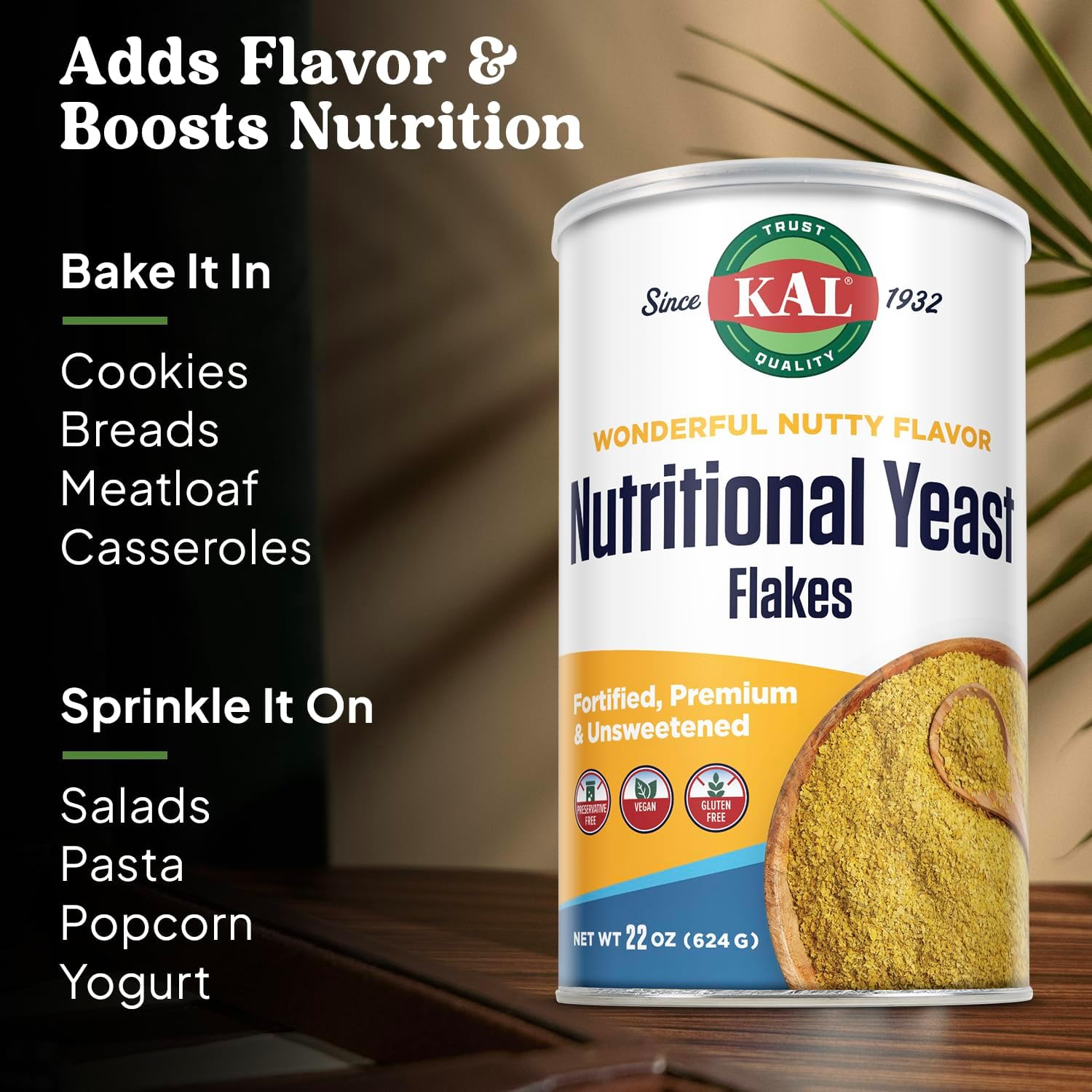 KAL Nutritional Yeast Flakes, Fortified with B12, Folic Acid & Other B Vitamins, Unsweetened, Great Nutty Flavor, Vegan & Gluten Free, 60-Day Money Back Guarantee, Made in the USA, 62 Servings, 22oz