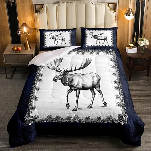 Juego de ropa de cama con alces y ramas de pino, tamaño King, rústico, cabaña, estilo montaña, para niños, adolescentes y adultos, decoración del