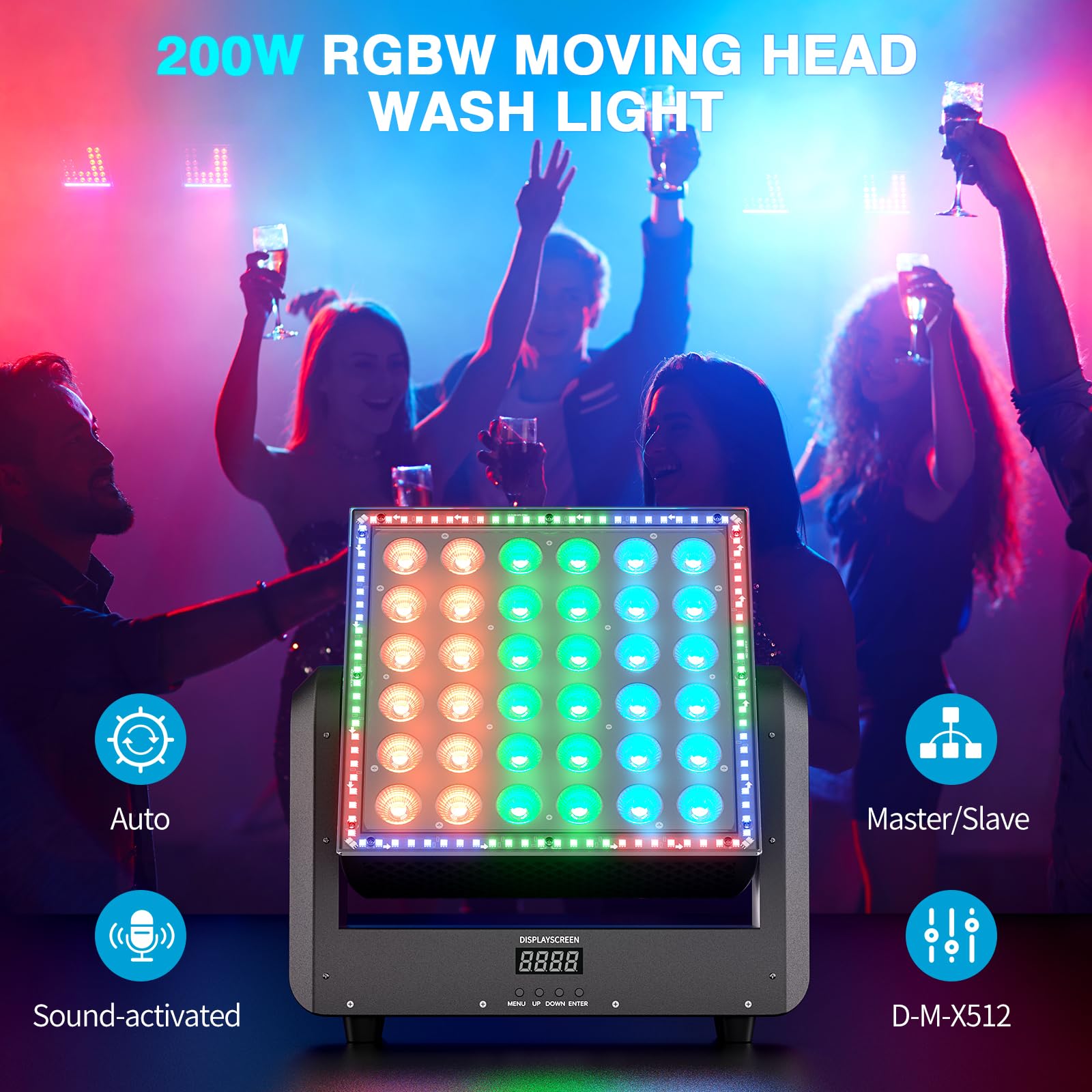 200W Wallwasher Bühnenlicht LED Moving Head, RGBW LED Wash 40° Partylicht Discolicht DMX512 Stroboskop 180° Rotation Sprachsteuerung für Weihnachts DJ Bar Shows
