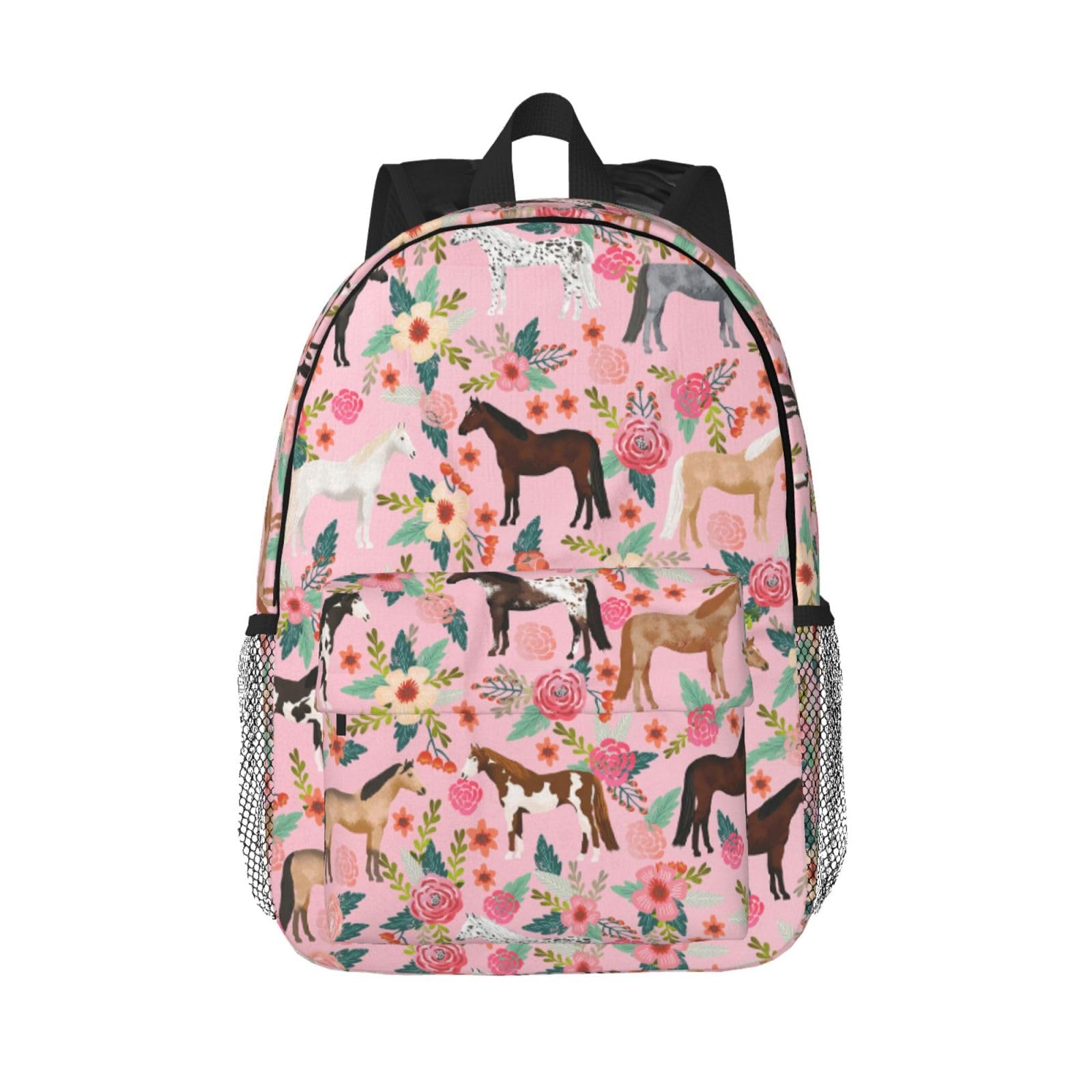 Pink Horse Backpack for Boys Girls Flowers School Bags Cute Animals Western Cowgirl Shoulder Bags Travel Backpack Horse Print Bookbag 15 inch Gift for Kids Toddler