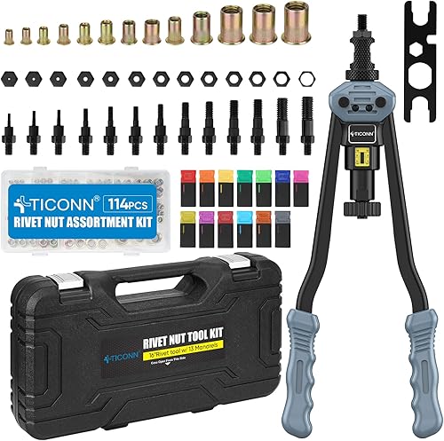 TICONN Herramienta de tuerca de remache, kit de pistola de remache resistente con mandriles métricos y SAE y tuercas remachables variadas