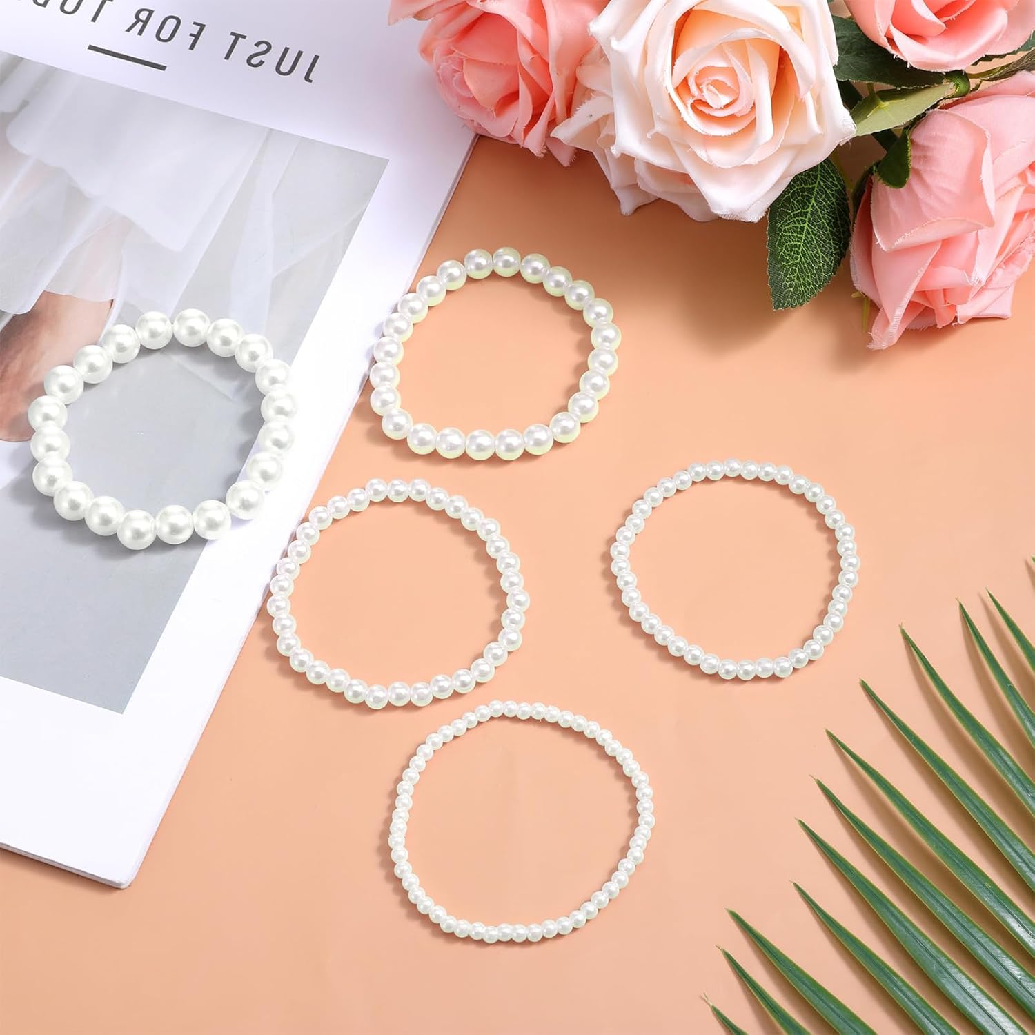 10 PCS Faux Pearl Bracelets, White Pearl Bracelet for Women, Stackable Stretch Beaded Bracelets Set for Bridesmaid Wedding Bridal Party Daily Wear - Image 3