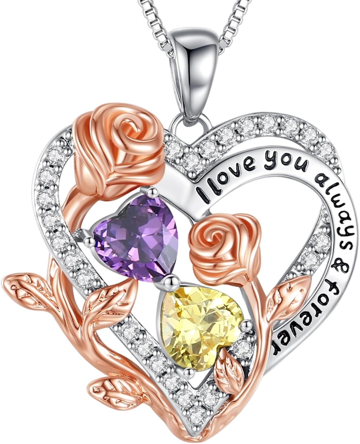 I Love You Birthstone Necklace, 925 Sterling Silver Heart Pendant with CZ Diamond Stones, Birthday Gifts for Women, Romantic Gift for Wife, Girlfriend, Her, Anniversary, Valentine's Day, Christmas