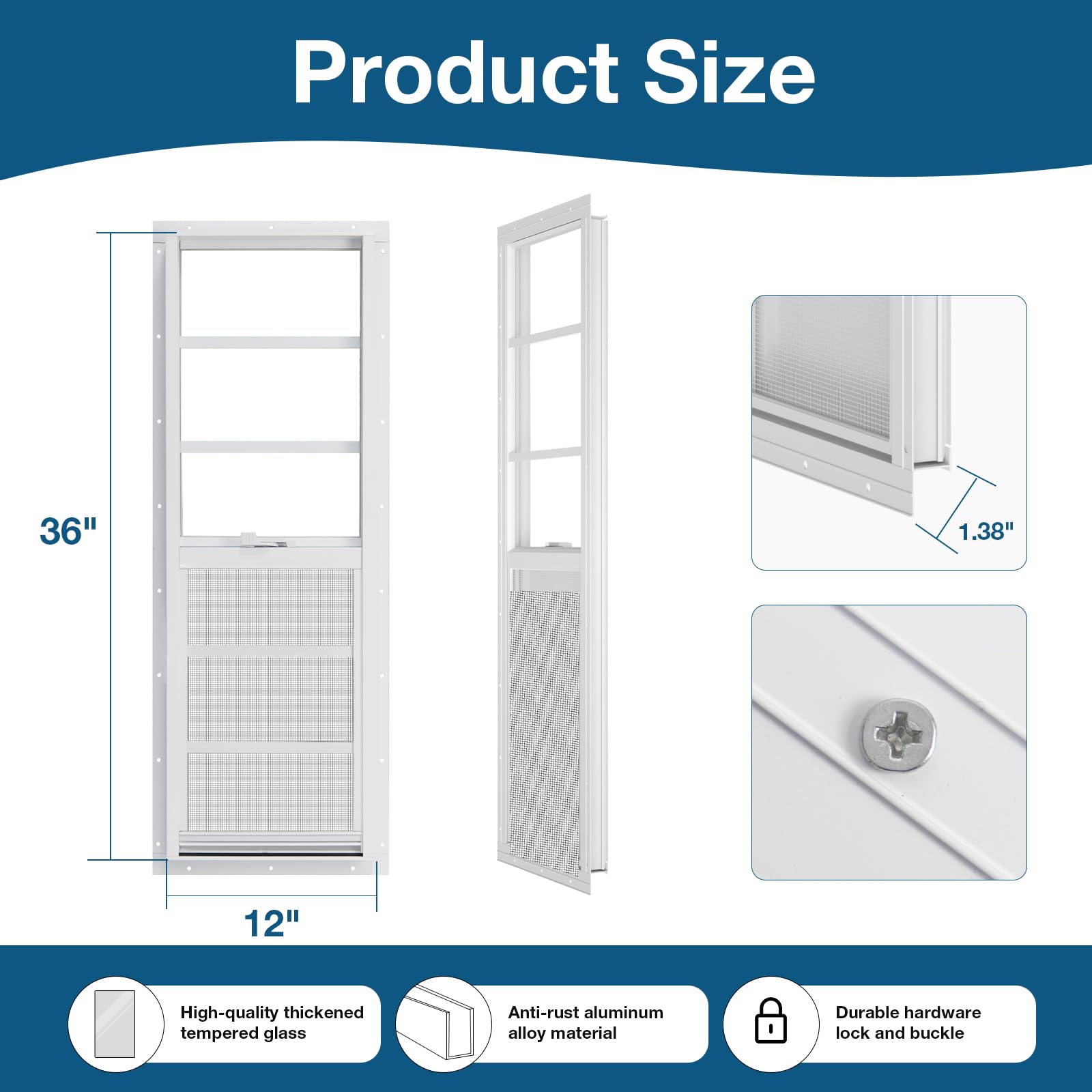 Yuzzy Paquete de 2 ventanas correderas de 12 x 36 pulgadas con vidrio templado y pantalla de fibra de vidrio extraíble para cobertizo, gallinero, casa de juegos, hogar, garaje, graneros (blanco)