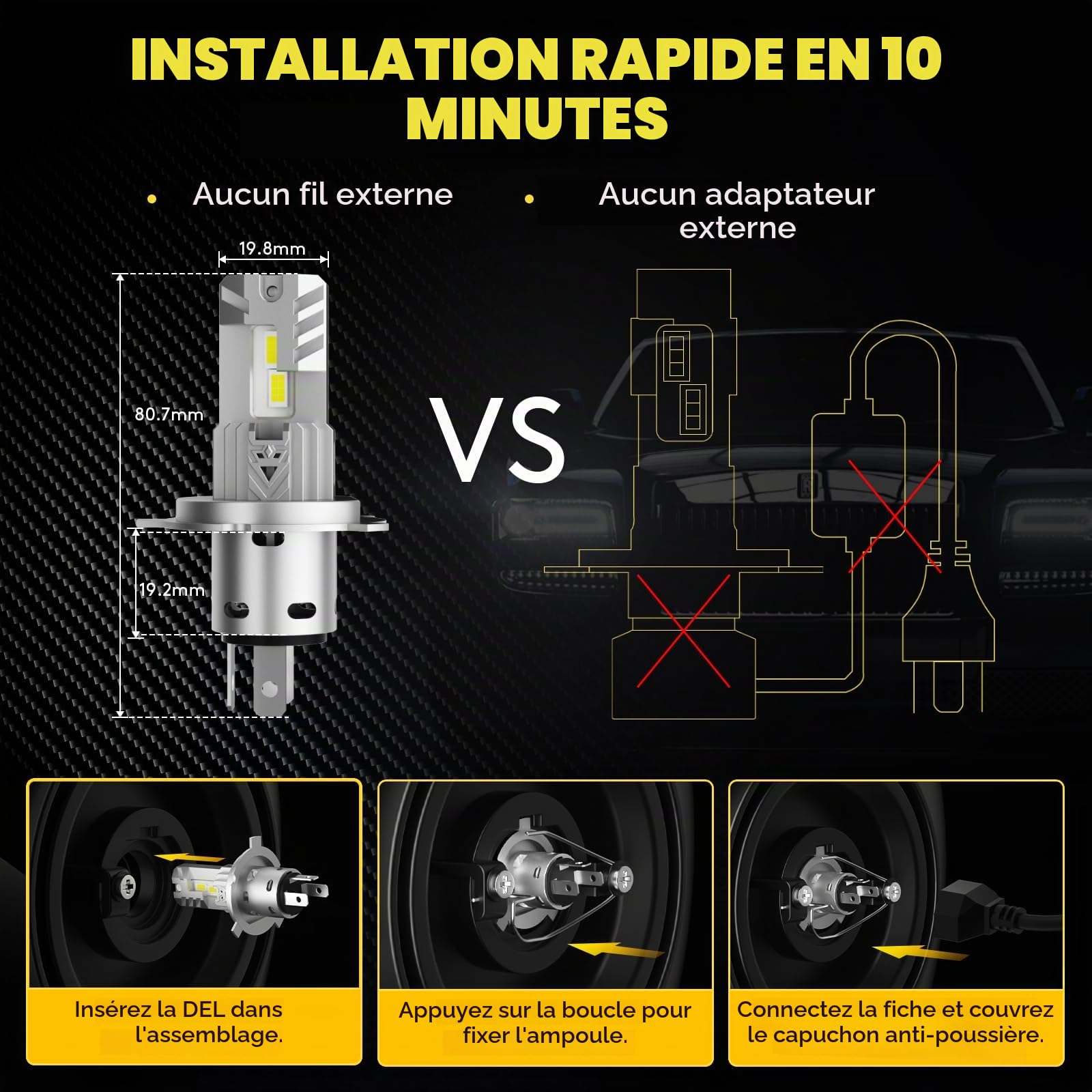 H4 LED 6000K Blanc - Kit de Conversion 9003/HB2, 20000LM 100W
