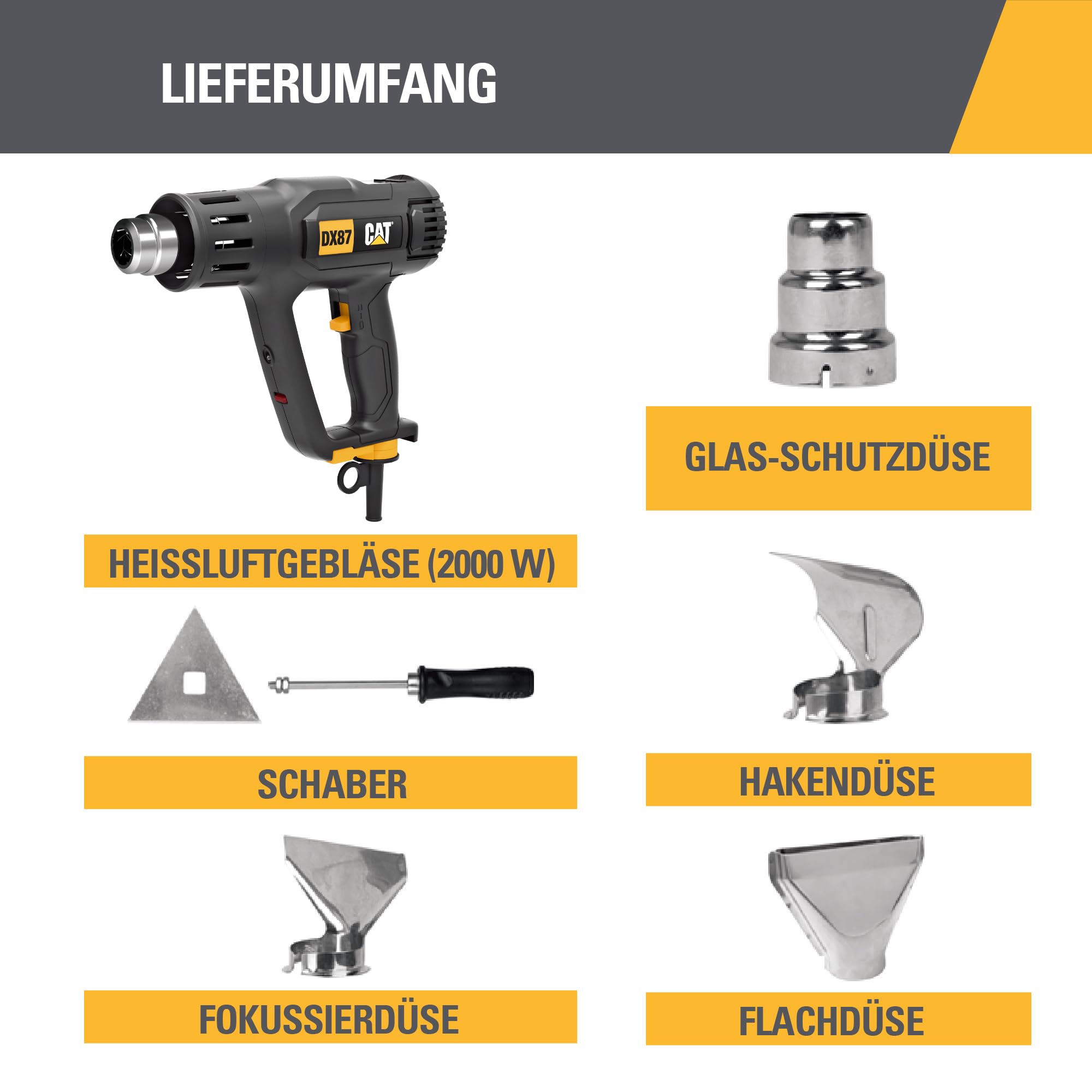 CAT DX87 Heißluftpistole 2000W, mit LCD-Anzeige, stufenlose Temperatureinstellung 50–600°C, 2 Luftstromstufen, LED-Licht, inkl. 5 Düsen & Schaber (für Profi-Anwendungen)