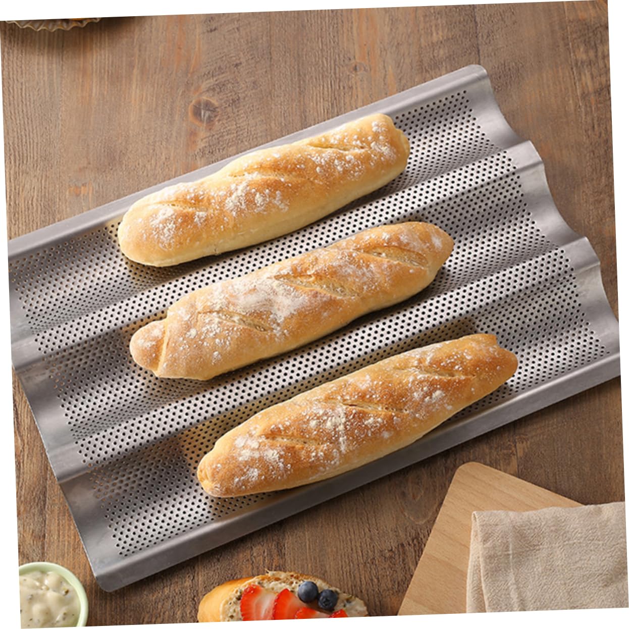 VINTORKY 2pcs Silver Non Stick Perforated Baking Tray for French Bread Sticks Easy Release Baking Pan for Home Commercial Use Crisp Loaves Even