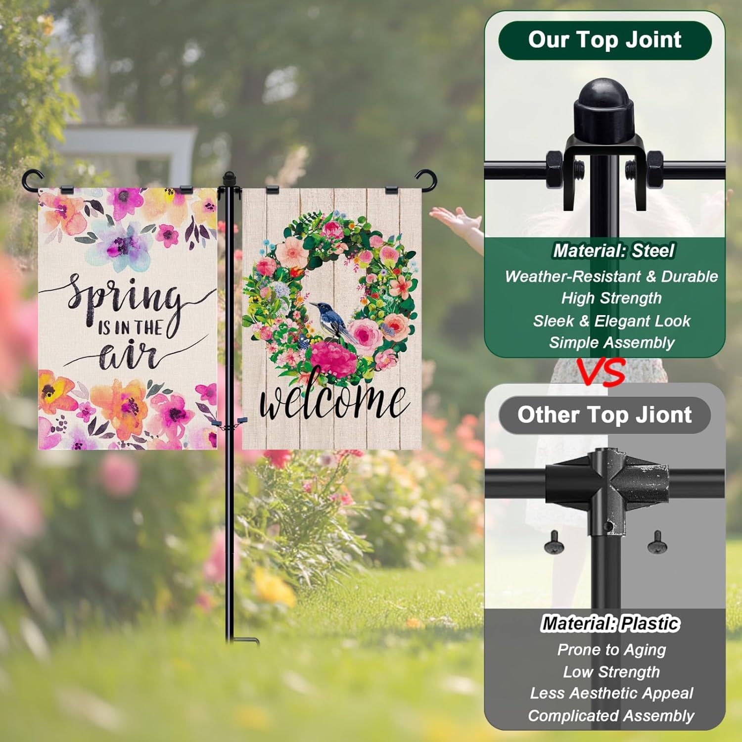 Garden Flag Stand Holder Pole, Dual Arm Yard Flagpole for Double 12"x18" Small Flags with Windproof Clips, 39 inch,Black - Image 2