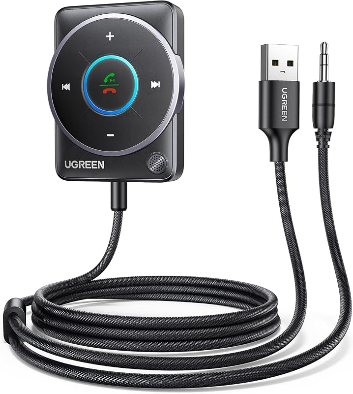 UGREEN Adaptador Auxiliar Bluetooth 5.4 para auto, [Conexión Mejorada y Cancelación de Ruido], Receptor Auxiliar Bluetooth con Cable Trenzado de Nailon, Plug & Play para Música de auto/Llamadas Manos Libres/Audio Estéreo