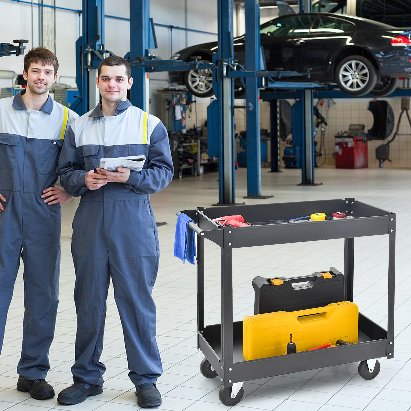 GYMAX Werkzeugwagen aus Metall, multifunktionaler Servierwagen mit 2 Ablagen, Etagenwagen bis zu 100 kg belastbar, Transportwagen mit Handgriff, rollwagen für Lager, Garten, Küche & Garage (Schwarz)