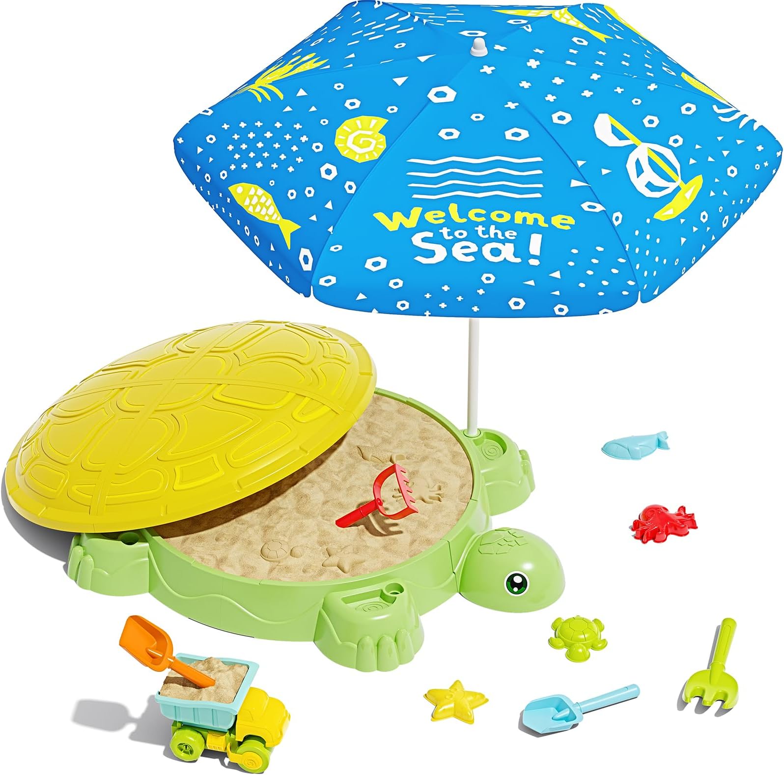 Turtle Sandbox with Lid & Adjustable Umbrella, Kids Sand Box with Sand Molds and Shovels Set for Sensory Play, Toddler Outdoor Indoor Toys for Boys Girls Ages 3+ （Yellow）