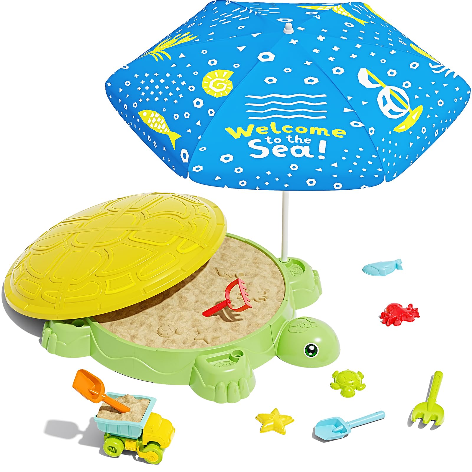 Turtle Sandbox with Lid & Adjustable Umbrella, Kids Sand Box with Sand Molds and Shovels Set for Sensory Play, Toddler Outdoor Indoor Toys for Boys Girls Ages 3+ （Yellow）