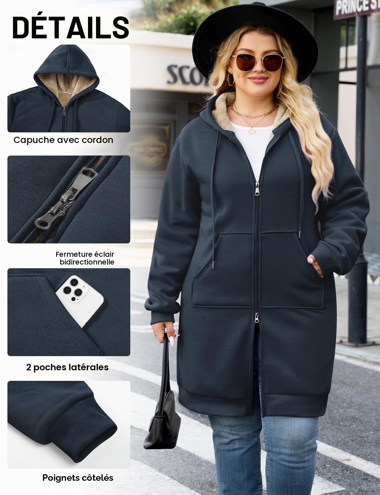 CMTOP Longue Sweat Zippé Femme Cotton Chaud Veste à Capuche Oversize Casual Manteau en Polaire Grand Taille avec Poches Hoodie Chic et élégant Automne Hiver Outerwear
