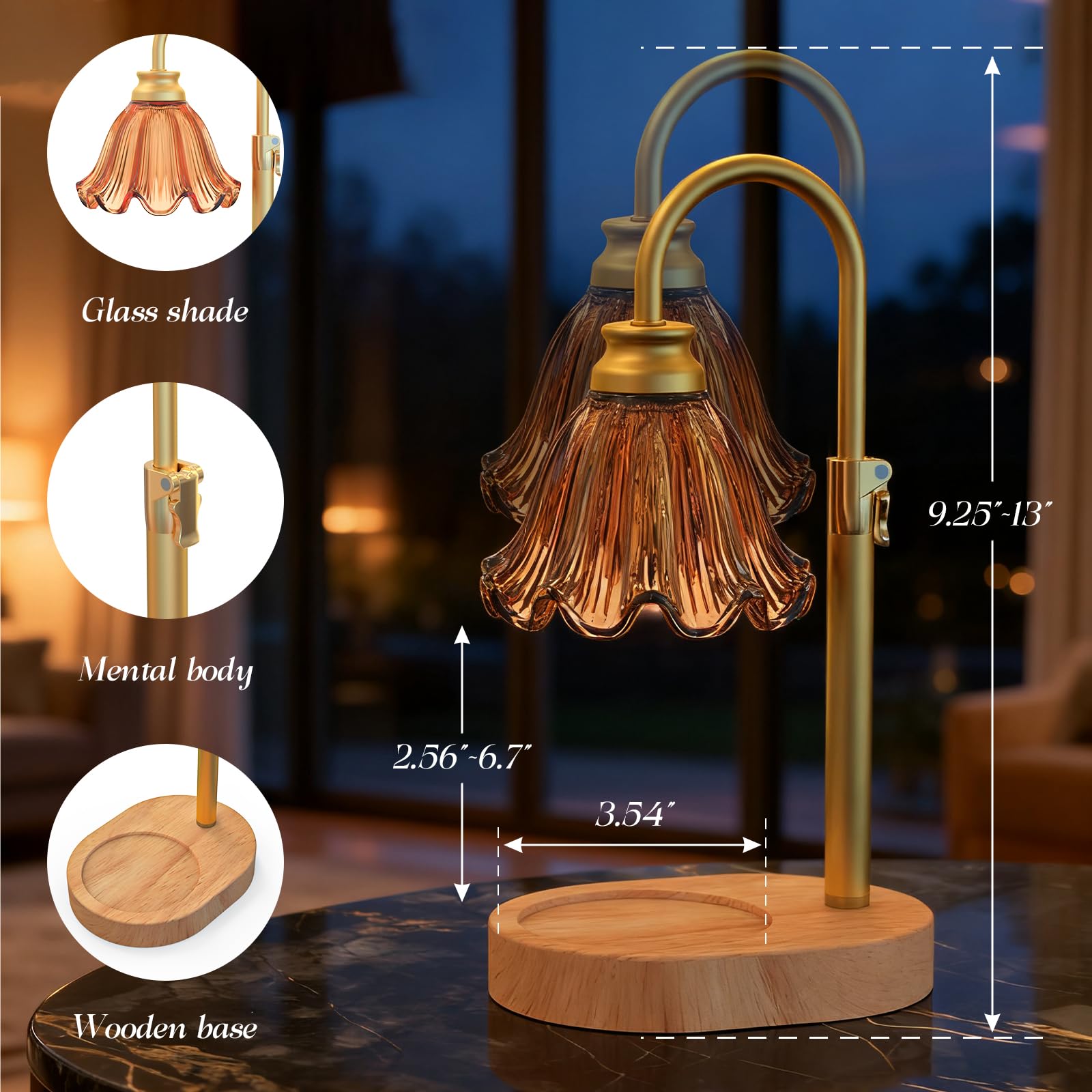 Lampada scalda candela con altezza regolabile, senza fiamma, dimmerabile a 4 livelli, con paralume in vetro colorato e base in legno, funzione timer e design elegante in diversi colori (marrone)